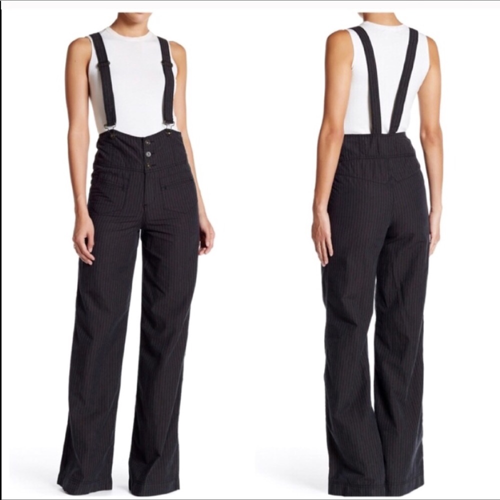 🆕WT Free People Pin Stripe Flare Overalls Sz 12